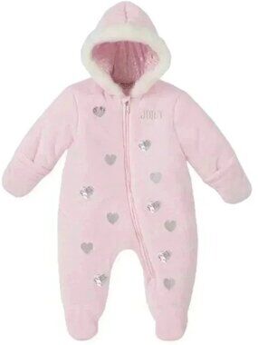 Juicy Couture Bunting Suit Snowsuit Pink Silver Hood Fleece  Hearts Size 6-9M